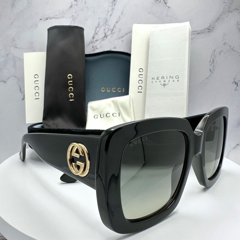 New GUCCI Sunglasses Black Square Acetate Gold GG Metal Logo Oversized